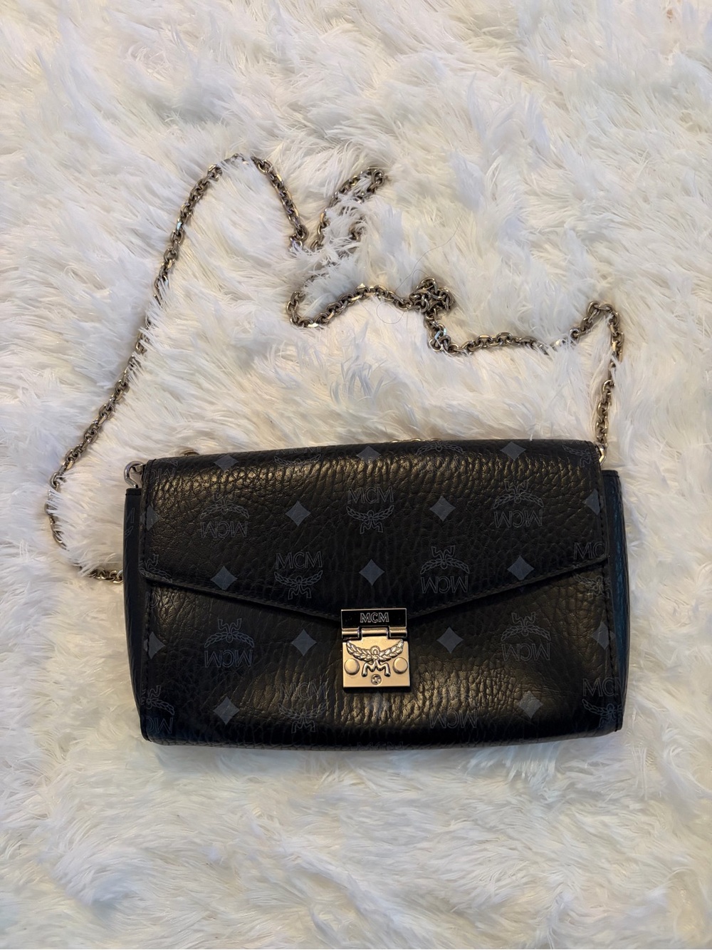 MCM Black Leather Logo Chain Crossbody